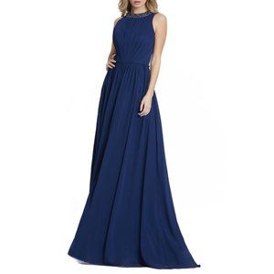 Mac Duggal Ieena Women’s 14 Navy Embellished High Neck Pleated Gown Dress New